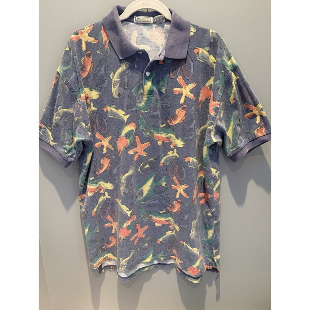 Vintage Britches Great Outdoors Men's L Nautical Fish Print Polo Shirt